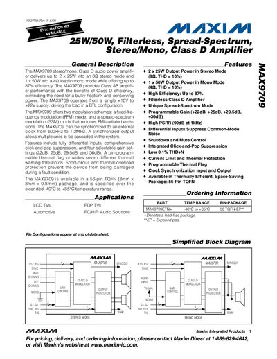 Maxim MAX9709 Class D Audio Amplifier Datasheet