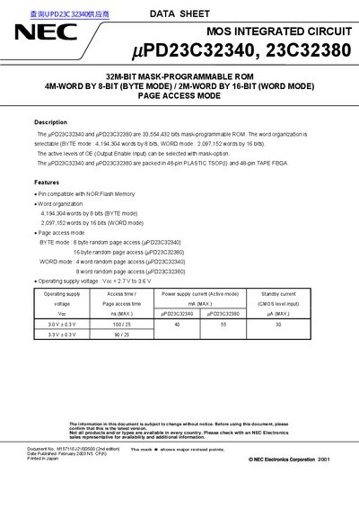NEC uPD23C32340/23C32380 32M-Bit Mask-Programmable ROM Datasheet - cover page