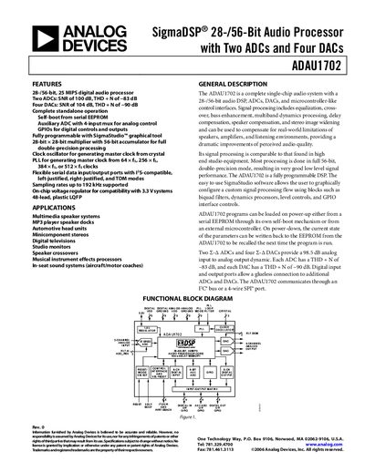 ANALOG DEVICES SigmaDSP 28-/56-Bit Audio Processor with Two ADCs Four DACs ADAU1702 handbook