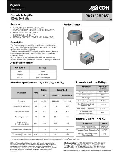 macom tyco Cascadable Amplifier 1000 to 5000 MHz RA53 SMRA53  - cover page