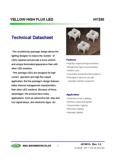 Seoul Semiconductor HY330 Yellow High Flux LED Datasheet - cover page