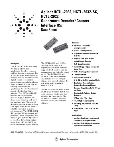 Agilent HCTL-2032 HCTL-2032-SC HCTL-2022 Quadrature Decoder/Counter Interface ICs handbook - cover page