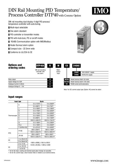 IMO DTP40 PID Temperature/Process Controller User Manual - cover page