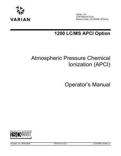 Agilent Technologies 300 Series 500-MS LC/MS Mass Spectrometer Nanospray Ion Source Operation Manual - cover page