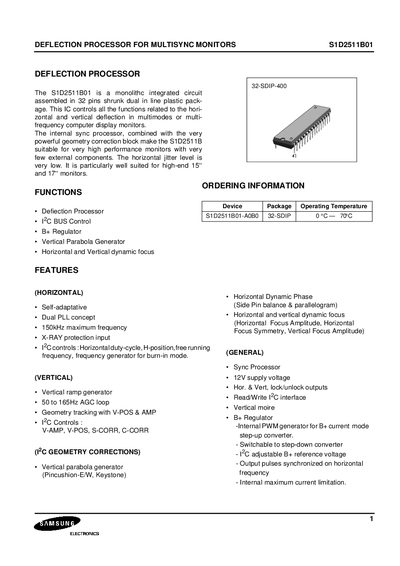 samsung S1D2511B01 DEFLECTION PROCESSOR FOR MULTISYNC MONITORS Manual - cover page