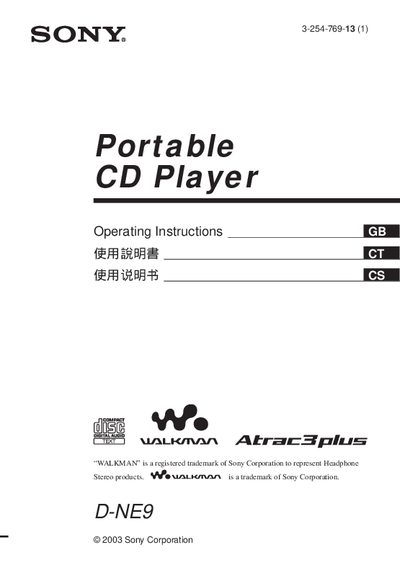 Sony D-NE9 Portable CD Player Operating Instructions - cover page