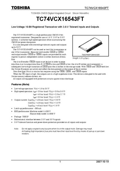 Toshiba TC74VCX16543FT Low‑Voltage 16‑Bit Registered Transceiver Datasheet - cover page
