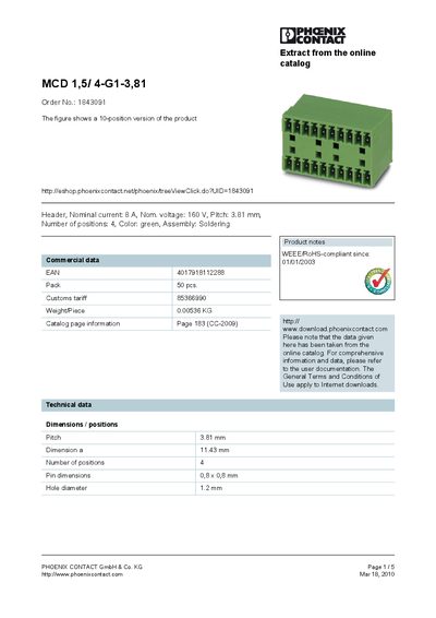 PHOENIX CONTACT MCD 1 5/ 4-G1-3 81 Order No.: 1843091 The figure shows a 10-position version of the product handbook - cover page
