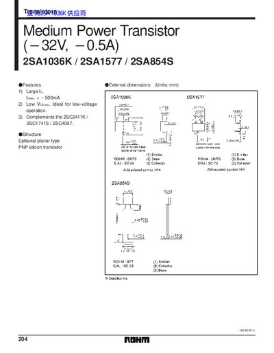 ROHM 2SA1036K / 2SA1577 / 2SA854S Transistor Datasheet - cover page