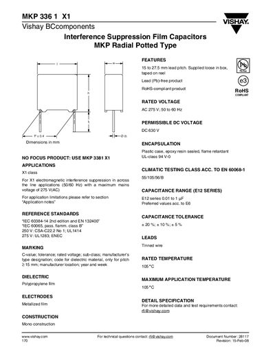 Vishay MKP 336 1 X1 Interference Suppression Film Capacitor Handbook - cover page
