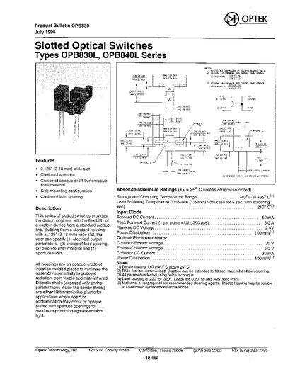 Optek Technology OPB830L/OPB840L Slotted Optical Switches Datasheet - cover page