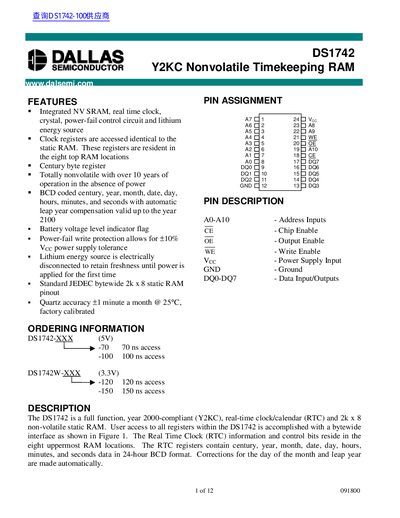 Dallas Semiconductor DS1742 Y2KC Nonvolatile Timekeeping RAM Datasheet - cover page