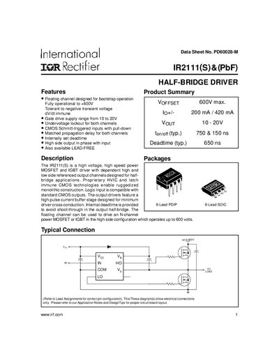 International Rectifier IR2111 Half-Bridge Driver Datasheet - cover page