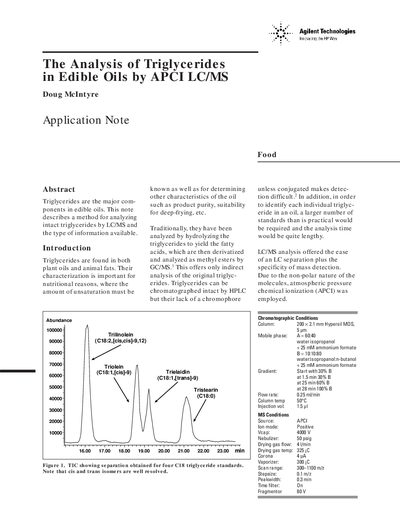 Agilent Analysis of Triglycerides in Edible Oils by APCI LC/MS Application Note - cover page