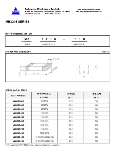 Coilmaster MB3216 Series Inductor Datasheet - cover page