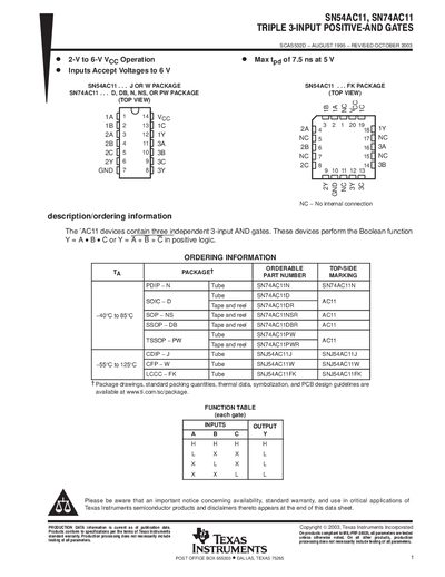 Texas Instruments SN54AC11 SN74AC11 Triple 3-Input Positive-AND Gates Datasheet - cover page