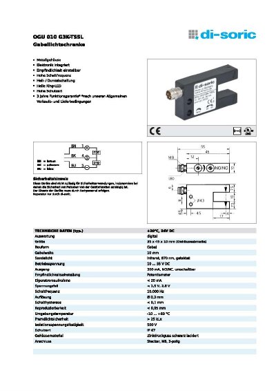 Di-Soric OGU 010 G3K-TSSL Technology Data Sheet - cover page