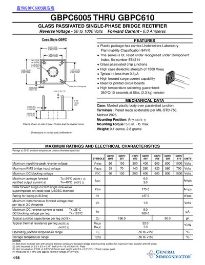 GENERAL SEMICONDUCTOR GBPC6005 THRU GBPC610 Data Sheet  - cover page