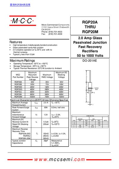 Micro Commercial Components RGP20A thru RGP20M Datasheet - cover page
