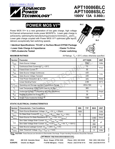 ADVANCED POWER TECHNOLOGY EUROPE APT10086BLC APT10086SLC 1000V 13A 0.860 handbook - cover page