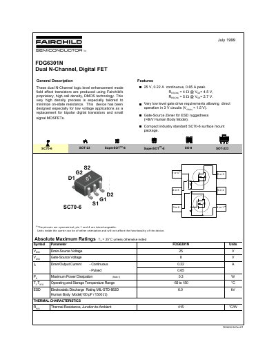 Fairchild FDG6301N Dual N-Channel Digital FET Datasheet - cover page