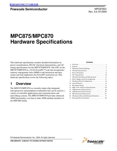 Freescale MPC875/MPC870 Hardware Specifications - cover page