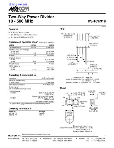 M/A-COM Two-Way Power Divider 10-500 MHz DS-109/319 Manual - cover page