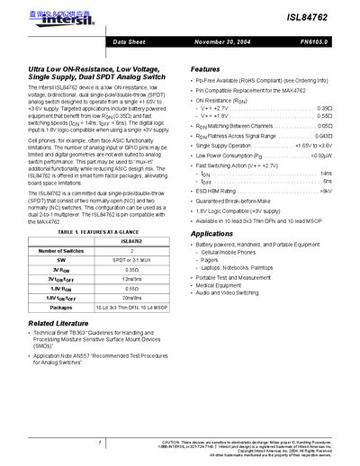 Intersil ISL84762 Analog Switch Datasheet - cover page