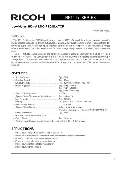 RICOH RP112x Series CMOS Voltage Regulator Datasheet