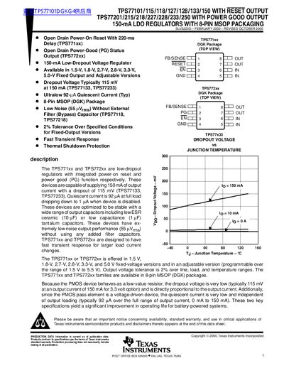 TEXAS INSTRUMENTS TPS77101/115/118/127/128/133/150 WITH RESET OUTPUT TPS77201/215/218/227/228/233/250 WITH POWER GOOD OUTPUT 150-mA LDO REGULATORS WITH 8-PIN MSOP PACKAGINGhandbook - cover page