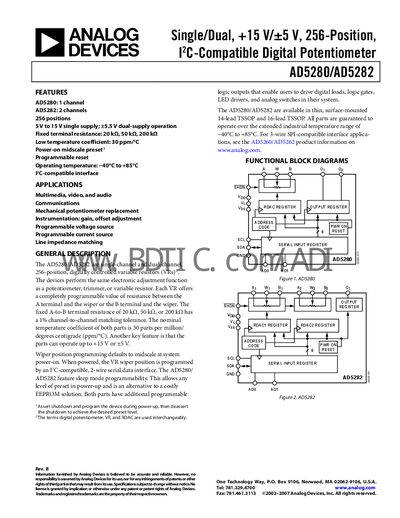 Analog Devices AD5280/AD5282 Digital Potentiometer Datasheet - cover page