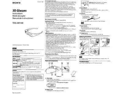 Sony TDG-BR100 3D Glasses User Manual - cover page