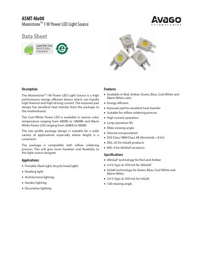 Avago ASMT-Mx00 Moonstone 1W Power LED Light Source Datasheet - cover page