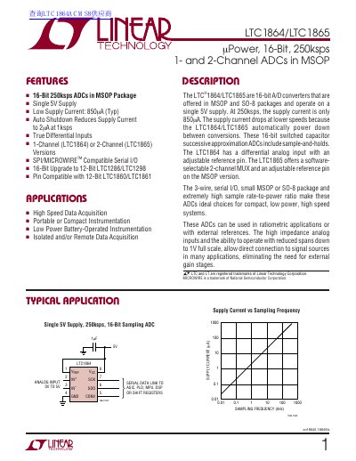 Linear Technology LTC1864/LTC1865 16-Bit ADC Datasheet - cover page