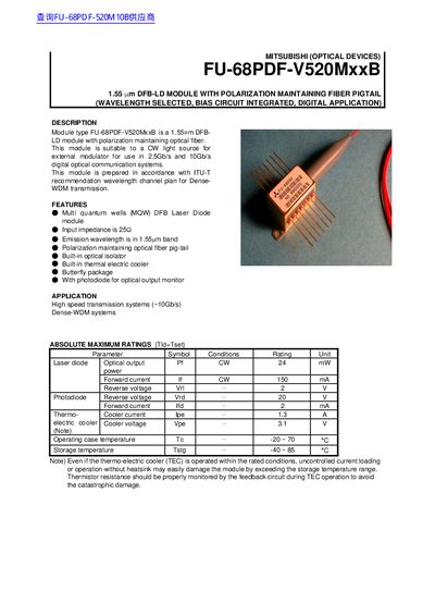 Mitsubishi FU-68PDF-V520MxxB 1.55um DFB-LD Module Datasheet - cover page