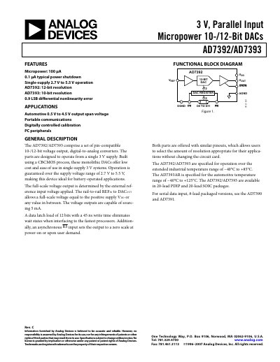Analog Devices AD7392/AD7393 10/12‑Bit DAC Datasheet - cover page