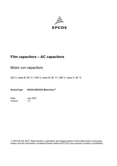 EPCOS Film capacitors AC capacitors Motor run capacitors 250 V; class B; 85 &deg;C 400 V; class B; 85 &deg;C 480 V; class C; 85 &deg;C Series/Type: B32321/B32323 MotorCap Orderi - cover page