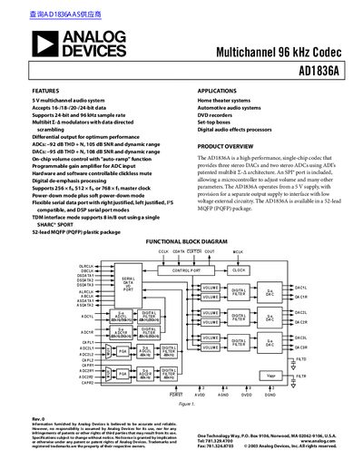 Analog Devices AD1836A Multichannel Codec Datasheet - cover page