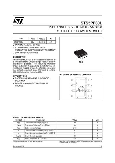 STMicroelectronics STS5PF30L P‑Channel MOSFET Datasheet - cover page