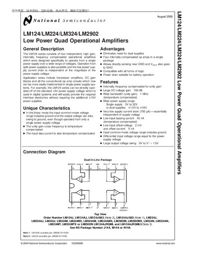 National Semiconductor LM124/LM224/LM324/LM2902 Low Power Quad Operational Amplifiers Datasheet - cover page