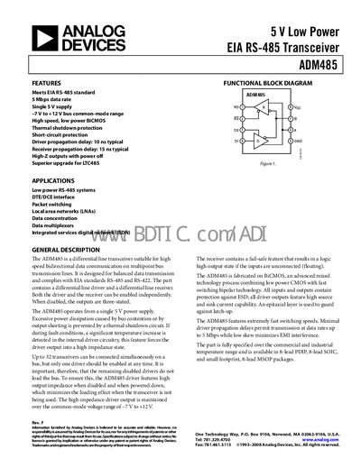 Analog Devices ADM485 RS-485/RS-422 Transceiver Datasheet - cover page