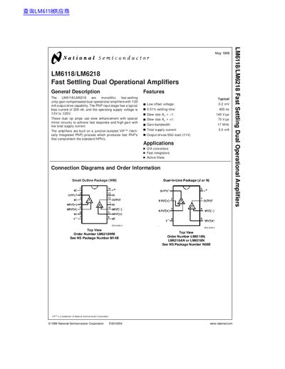 National Semiconductor LM6118/LM6218 Fast Settling Dual Operational Amplifiers Data Sheet - cover page