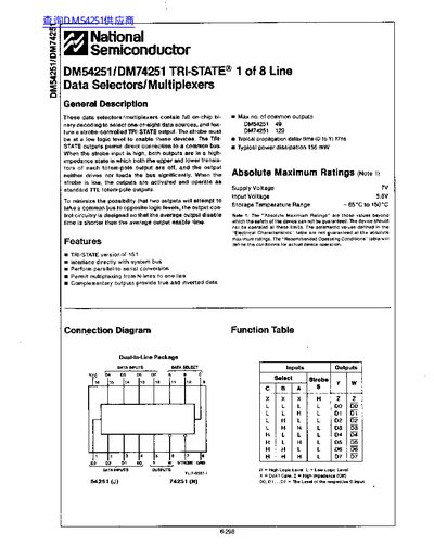 National Semiconductor DM54251/DM74251 Tri-State Data Selectors/Multiplexers Datasheet - cover page