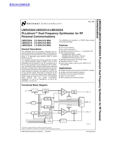 National Semiconductor LMX2330A/LMX2331A/LMX2332A PLLatinum Dual Frequency Synthesizer Datasheet - cover page