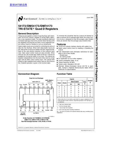 National Semiconductor 54173/DM54173/DM74173 TRI-STATE Quad D Registers Datasheet - cover page
