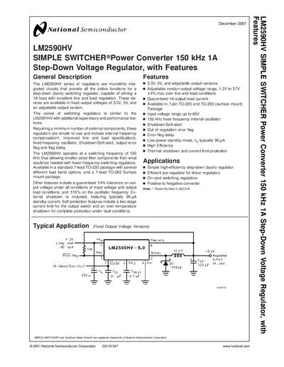 NATIONAL SEMICONDUCTOR LM2590HV SIMPLE SWITCHER Power Converter 150 kHz 1A Step-Down Voltage Regulator with Features handbook - cover page