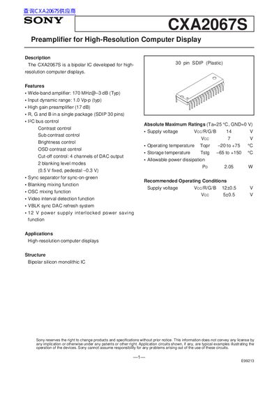 Sony CXA2067S Preamplifier for High-Resolution Computer Display Datasheet - cover page