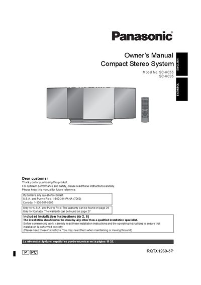 Panasonic SC-HC55 Compact Stereo System Owner's Manual - cover page