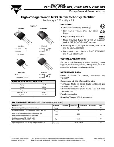 Vishay V20120S, VF20120S, VB20120S, VI20120S High-Voltage Trench MOS Schottky Diode Datasheet - cover page
