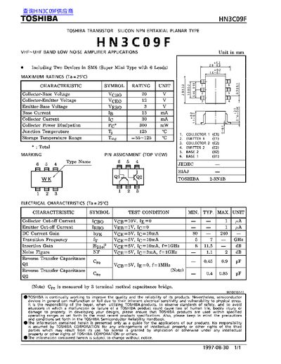 Toshiba HN3C09F VHF-UHF Low Noise Amplifier Datasheet - cover page